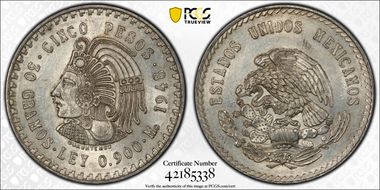 1948-Mo 5 Peso Cuauhtemoc KM-465  Ag AU55
