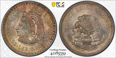 1948-Mo 5 Peso Cuauhtemoc KM-465  Ag MS65