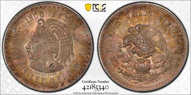 1948-Mo 5 Peso Cuauhtemoc KM-465  Ag MS63