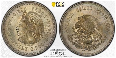 1948-Mo 5 Peso Cuauhtemoc KM-465  Ag MS64