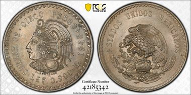 1948-Mo 5 Peso Cuauhtemoc KM-465  Ag MS63