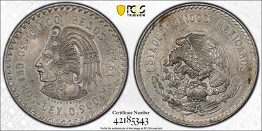1948-Mo 5 Peso Cuauhtemoc KM-465  Ag AU58