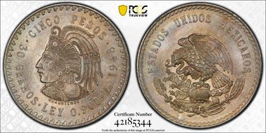 1948-Mo 5 Peso Cuauhtemoc KM-465  Ag MS65