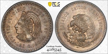 1948-Mo 5 Peso Cuauhtemoc KM-465  Ag MS63