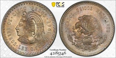 1948-Mo 5 Peso Cuauhtemoc KM-465  Ag MS65