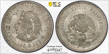 1948-Mo 5 Peso Cuauhtemoc KM-465  Ag MS62