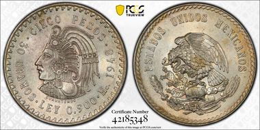 1948-Mo 5 Peso Cuauhtemoc KM-465  Ag MS62