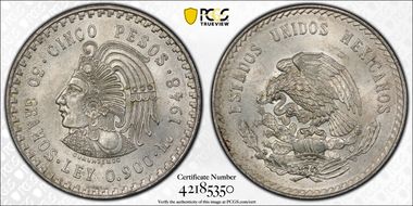 1948-Mo 5 Peso Cuauhtemoc KM-465  Ag MS64