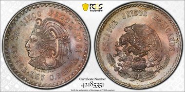 1948-Mo 5 Peso Cuauhtemoc KM-465  Ag MS65