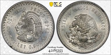 1948-Mo 5 Peso Cuauhtemoc KM-465  Ag AU58