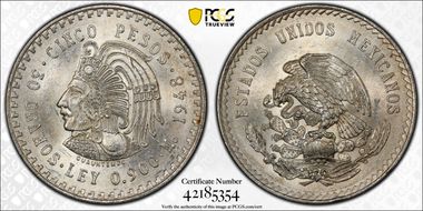 1948-Mo 5 Peso Cuauhtemoc KM-465  Ag MS63
