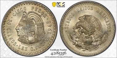1948-Mo 5 Peso Cuauhtemoc KM-465  Ag MS63