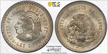 1948-Mo 5 Peso Cuauhtemoc KM-465  Ag MS62