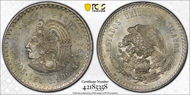 1948-Mo 5 Peso Cuauhtemoc KM-465  Ag MS63