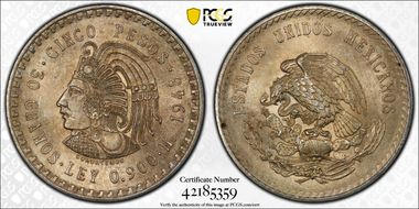 1948-Mo 5 Peso Cuauhtemoc KM-465  Ag MS63