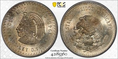 1948-Mo 5 Peso Cuauhtemoc KM-465  Ag MS64