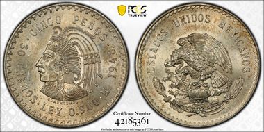 1948-Mo 5 Peso Cuauhtemoc KM-465  Ag MS63