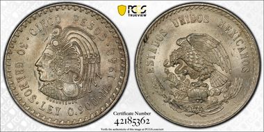 1948-Mo 5 Peso Cuauhtemoc KM-465  Ag MS64