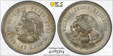 1948-Mo 5 Peso Cuauhtemoc KM-465  Ag MS62