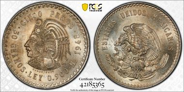 1948-Mo 5 Peso Cuauhtemoc KM-465  Ag MS63