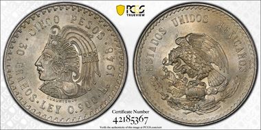 1948-Mo 5 Peso Cuauhtemoc KM-465  Ag MS63