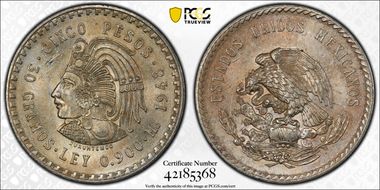 1948-Mo 5 Peso Cuauhtemoc KM-465  Ag MS64