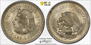 1948-Mo 5 Peso Cuauhtemoc KM-465  Ag MS63