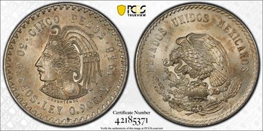 1948-Mo 5 Peso Cuauhtemoc KM-465  Ag MS64