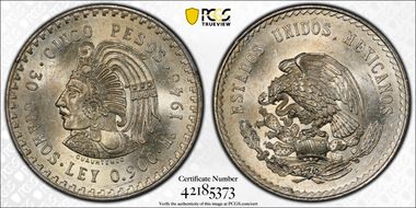 1948-Mo 5 Peso Cuauhtemoc KM-465  Ag MS62