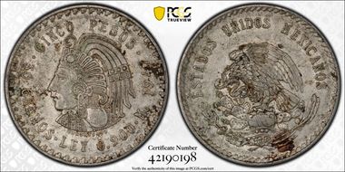 1947-Mo 5 Peso Cuauhtemoc KM-465 Ag AU53