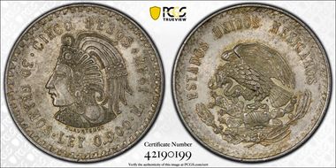 1947-Mo 5 Peso Cuauhtemoc KM-465 Ag MS62