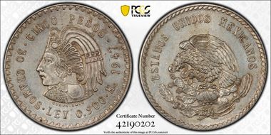 1947-Mo 5 Peso Cuauhtemoc KM-465 Ag MS62