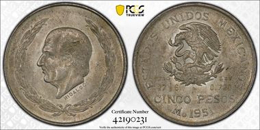 1951-Mo 5 Peso Hildago KM-467  Ag MS63