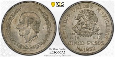 1952-Mo 5 Peso Hidalgo KM-467  Ag MS62