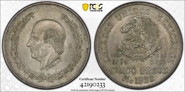 1952-Mo 5 Peso Hidalgo KM-467  Ag MS63