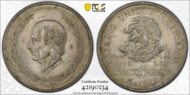 1952-Mo 5 Peso Hidalgo KM-467  Ag MS62