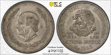 1953-Mo 5 Peso Hildago KM-467 Ag MS62