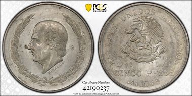 1953-Mo 5 Peso Hidalgo KM-467 Ag MS63