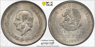 1953-Mo 5 Peso Hidalgo KM-467 Ag MS63