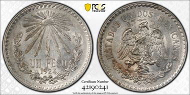 1924-M Peso KM-455  Ag AU58