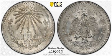 1933-M Peso KM-455  Ag MS64