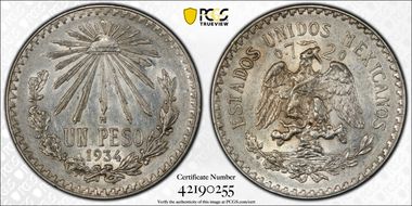 1934-M Peso KM-455  Ag AU58