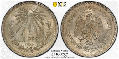 1938-M Peso KM-455  Ag MS66