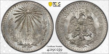 1938-M Peso KM-455  Ag MS63