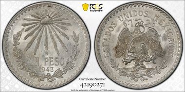 1943-M Peso KM-455  Ag MS65