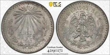 1943-M Peso KM-455  Ag MS66