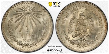 1943-M Peso KM-455  Ag MS67