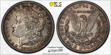 1880-CC $1 8/7 Reverse of 1878 AU50