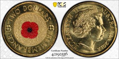 2012 $2 Remembrance Day Colorized MS68