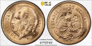 1955-M 5 Peso KM-464  Au MS67